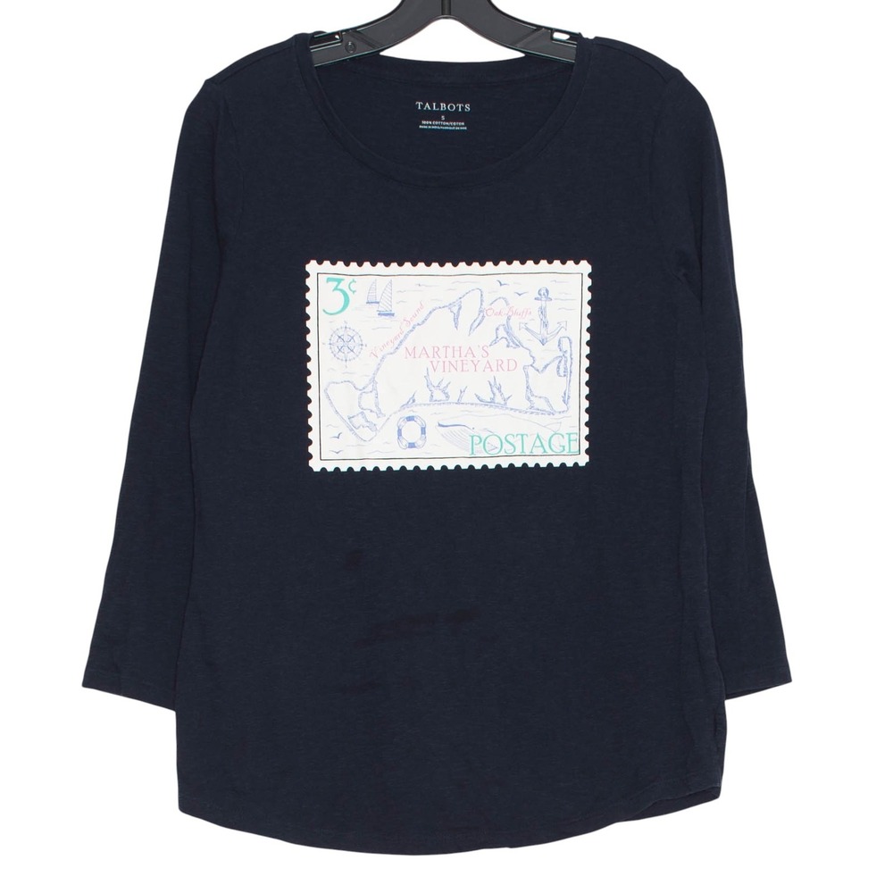 Talbots Top 3/4 Sleeve Marthas Vineyard Postage Stamp Coastal Navy Blue Small